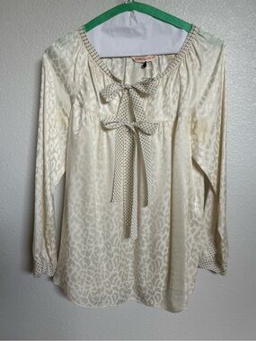 Rebecca Taylor Ivory Satin Leopard-Print Tie-Neck Blouse
